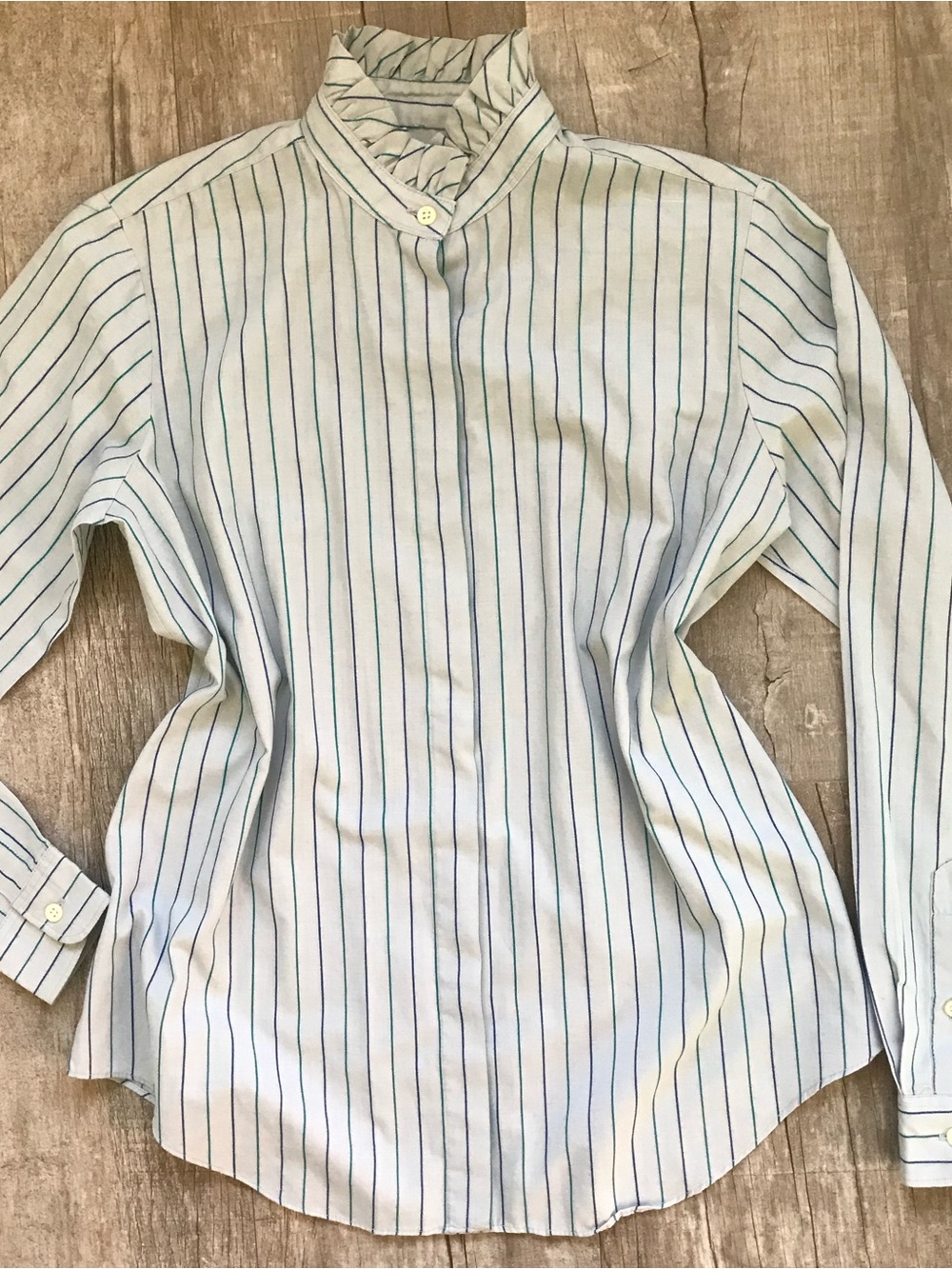 Vintage Pinstripe Long Sleeve Ruffle Collar Button Up Shirt